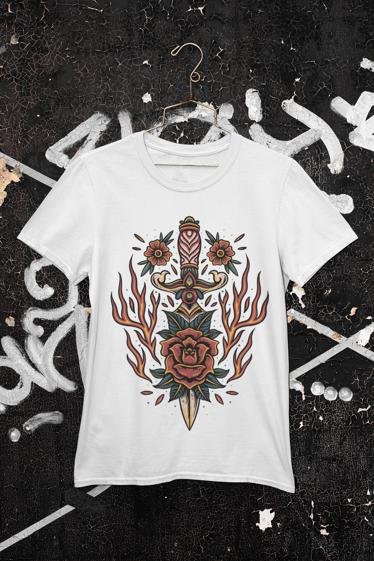 BLAZING ROSE DAGGER –Traditional Tattoo-Style Unisex T-Shirt (White)