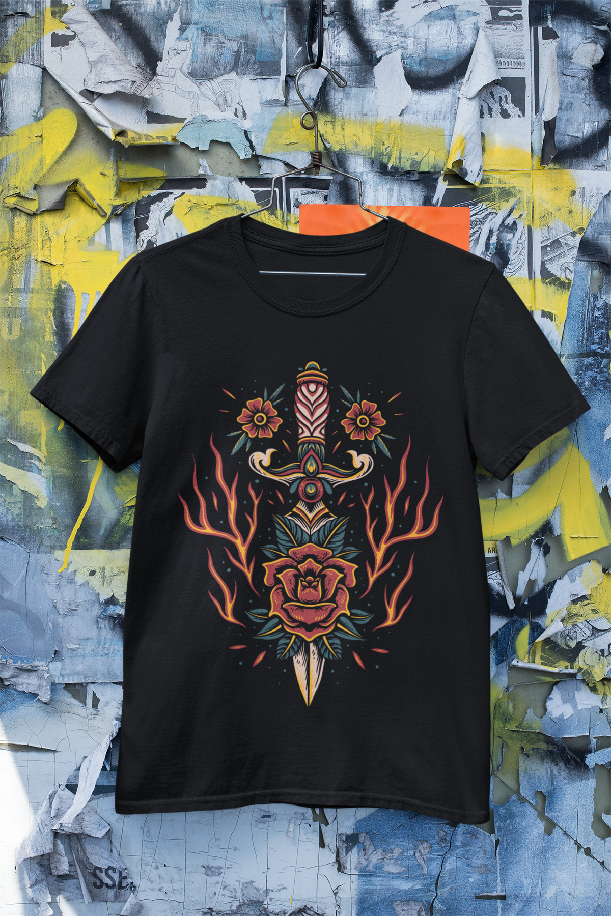 BLAZING ROSE DAGGER –Traditional Tattoo-Style Unisex T-Shirt (Black)