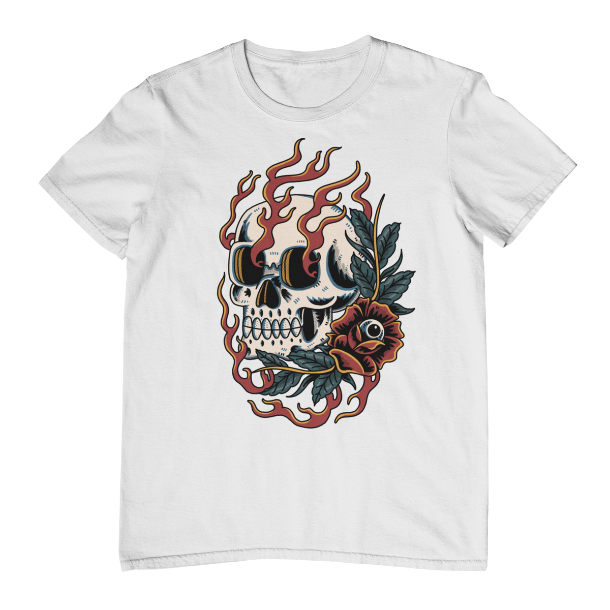 BURNING BLOOM SKULL – Traditional Tattoo-Style Unisex T-Shirt (White)
