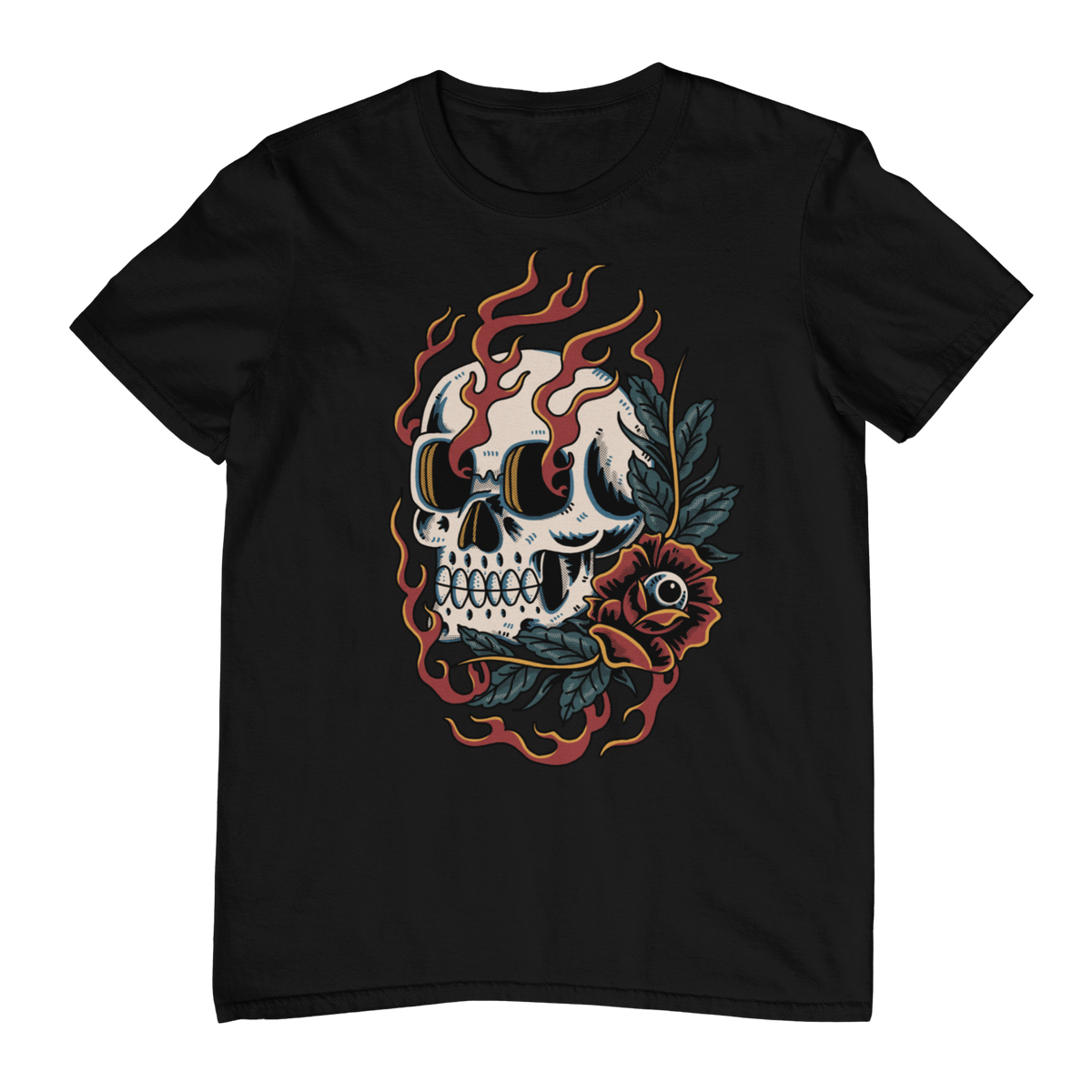 BURNING BLOOM SKULL – Traditional Tattoo-Style Unisex T-Shirt (Black)
