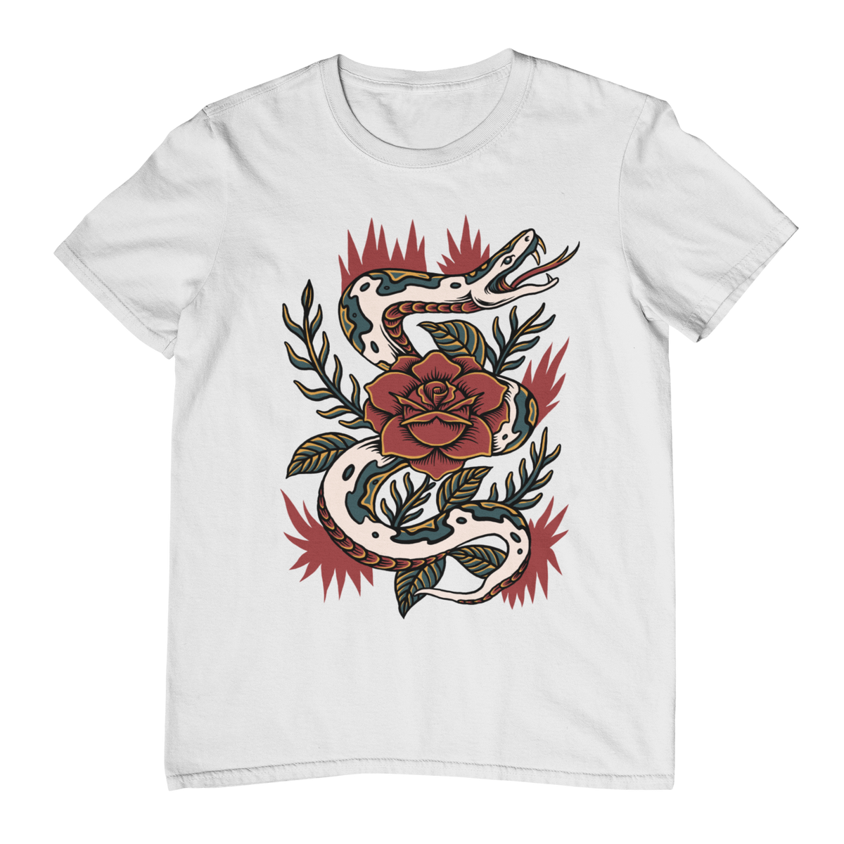 SNAKE & ROSE – Traditional Tattoo-Style Unisex T-Shirt (White)