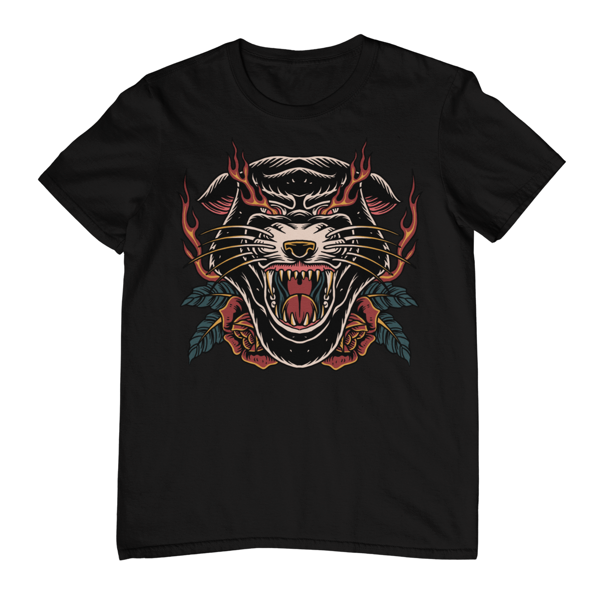 INFERNO PANTHER HEAD – Traditional Tattoo-Style Unisex T-Shirt (Black)