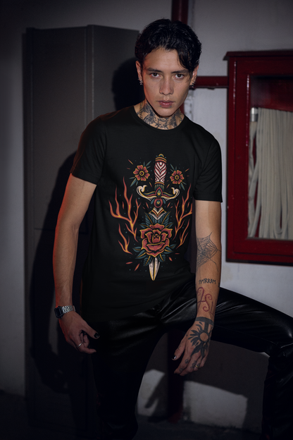 BLAZING ROSE DAGGER –Traditional Tattoo-Style Unisex T-Shirt (Black)