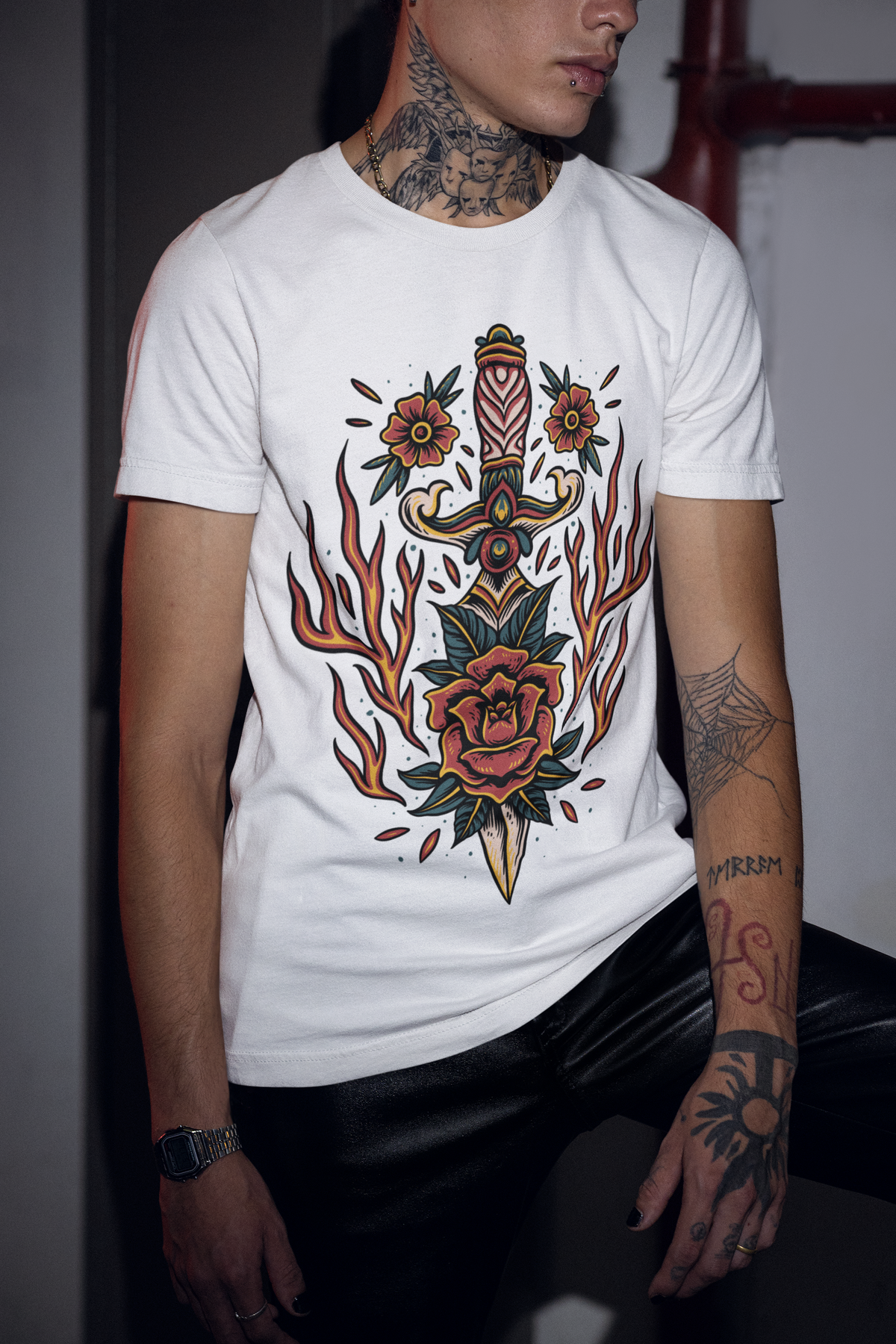 BLAZING ROSE DAGGER –Traditional Tattoo-Style Unisex T-Shirt (White)