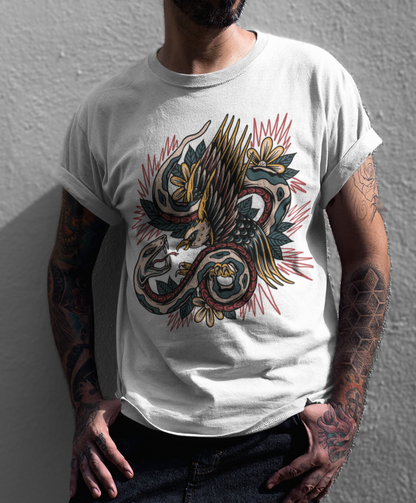 EAGLE & SERPENT – Traditional Tattoo-Style Unisex T-Shirt (White)