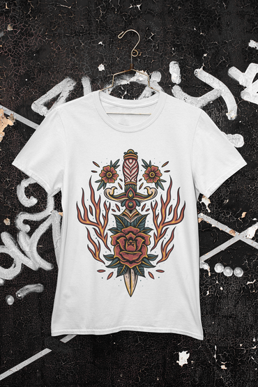 BLAZING ROSE DAGGER –Traditional Tattoo-Style Unisex T-Shirt (White)