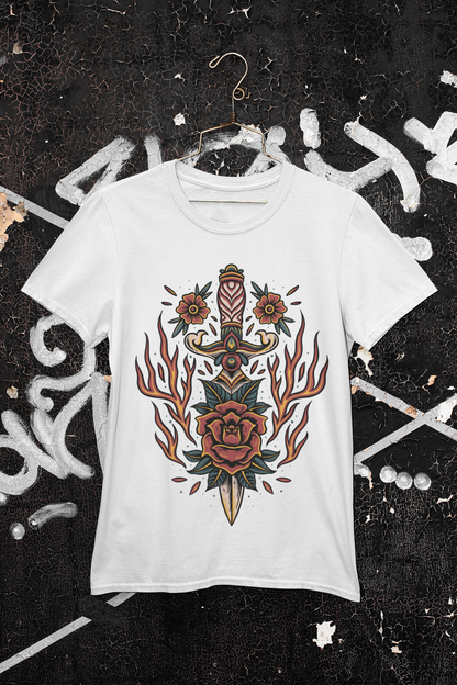 BLAZING ROSE DAGGER –Traditional Tattoo-Style Unisex T-Shirt (White)