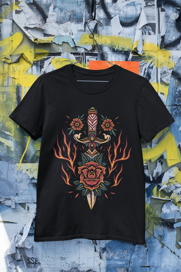 BLAZING ROSE DAGGER –Traditional Tattoo-Style Unisex T-Shirt (Black)