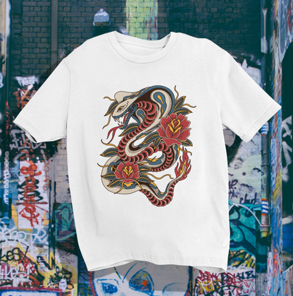 WILD COIL SNAKE & ROSES - OVERSIZED T-Shirt (White)