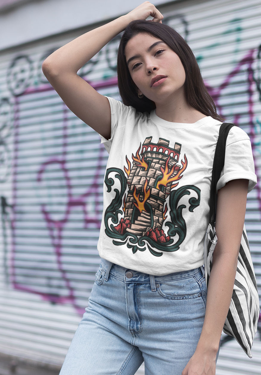 THE BURNING TOWER – Traditional Tattoo-Style Unisex T-Shirt