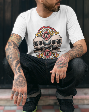 DUALITY TWIN SKULL – Traditional Unisex T-Shirt (White)