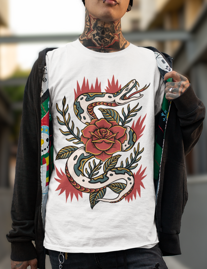 SNAKE & ROSE – Traditional Tattoo-Style Unisex T-Shirt (White)