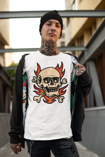 FLAMING SKULL & CROSSBONES – Traditional Tattoo-Style Unisex T-Shirt (White)