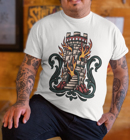 THE BURNING TOWER – Traditional Tattoo-Style Unisex T-Shirt