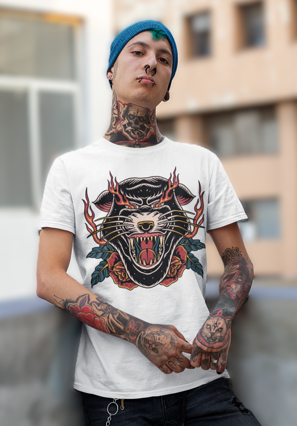 INFERNO PANTHER HEAD – Traditional Tattoo-Style Unisex T-Shirt (White)