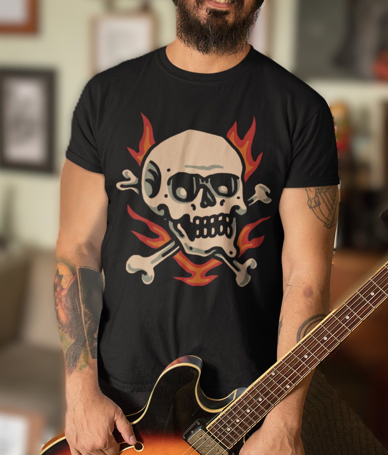 FLAMING SKULL & CROSSBONES – Traditional Tattoo-Style Unisex T-Shirt (Black)