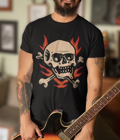 FLAMING SKULL & CROSSBONES – Traditional Tattoo-Style Unisex T-Shirt (Black)