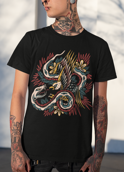 EAGLE & SERPENT – Traditional Tattoo-Style Unisex T-Shirt (Black)