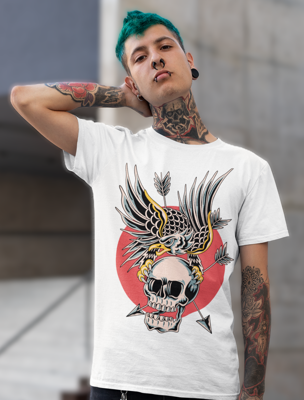 EAGLE OVER SKULL – Traditional Tattoo-Style Unisex T-Shirt (White)