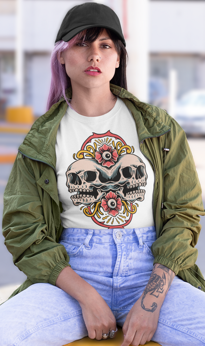 DUALITY TWIN SKULL – Traditional Unisex T-Shirt (White)