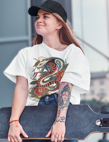 WILD COIL SNAKE & ROSES - OVERSIZED T-Shirt (White)