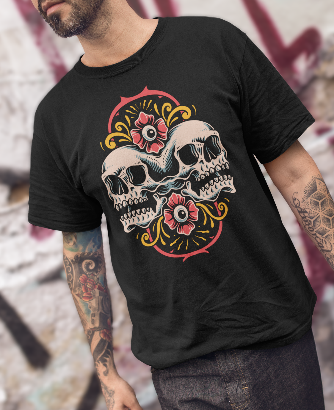DUALITY TWIN SKULL – Traditional Unisex T-Shirt (Black)