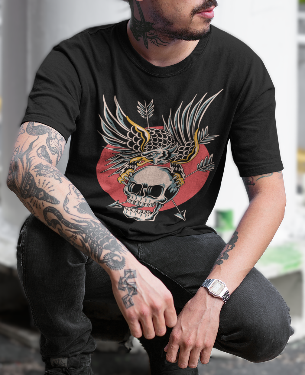 EAGLE OVER SKULL – Traditional Tattoo-Style Unisex T-Shirt (Black)
