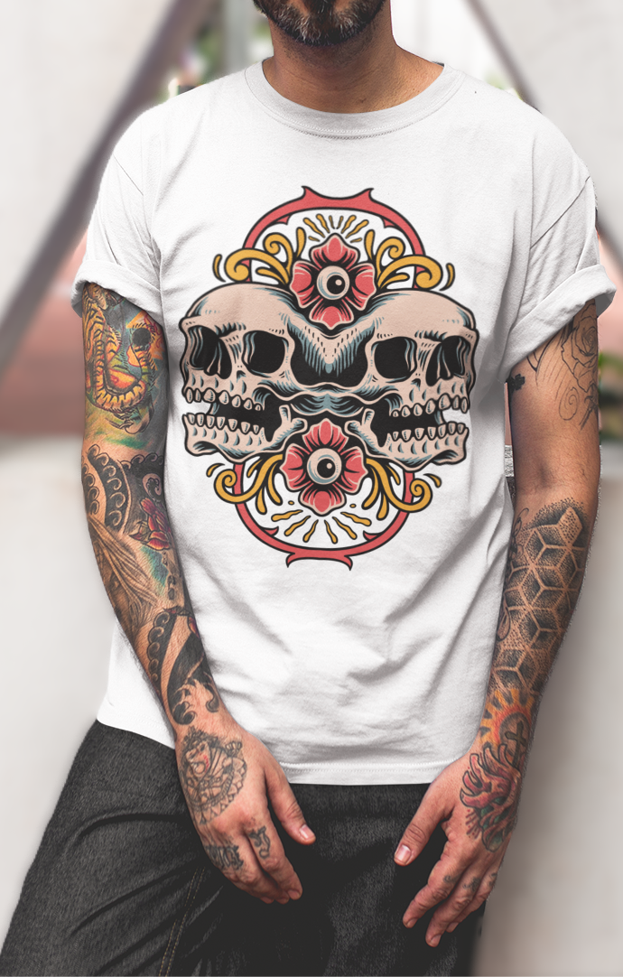 DUALITY TWIN SKULL – Traditional Unisex T-Shirt (White)