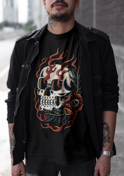 BURNING BLOOM SKULL – Traditional Tattoo-Style Unisex T-Shirt (Black)