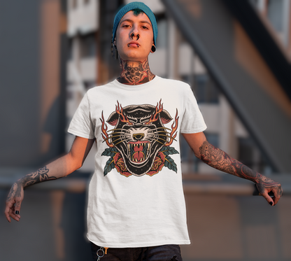 INFERNO PANTHER HEAD – Traditional Tattoo-Style Unisex T-Shirt (White)