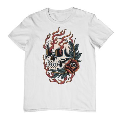 BURNING BLOOM SKULL – Traditional Tattoo-Style Unisex T-Shirt (White)