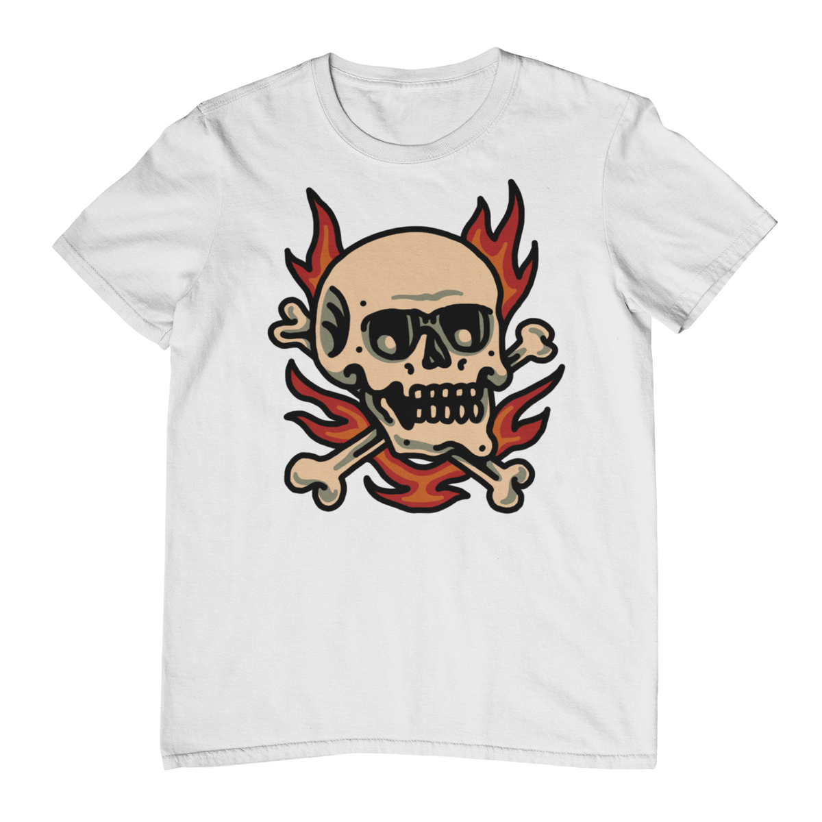 FLAMING SKULL & CROSSBONES – Traditional Tattoo-Style Unisex T-Shirt (White)