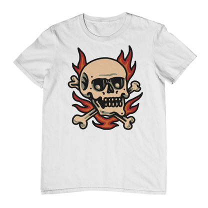 FLAMING SKULL & CROSSBONES – Traditional Tattoo-Style Unisex T-Shirt (White)