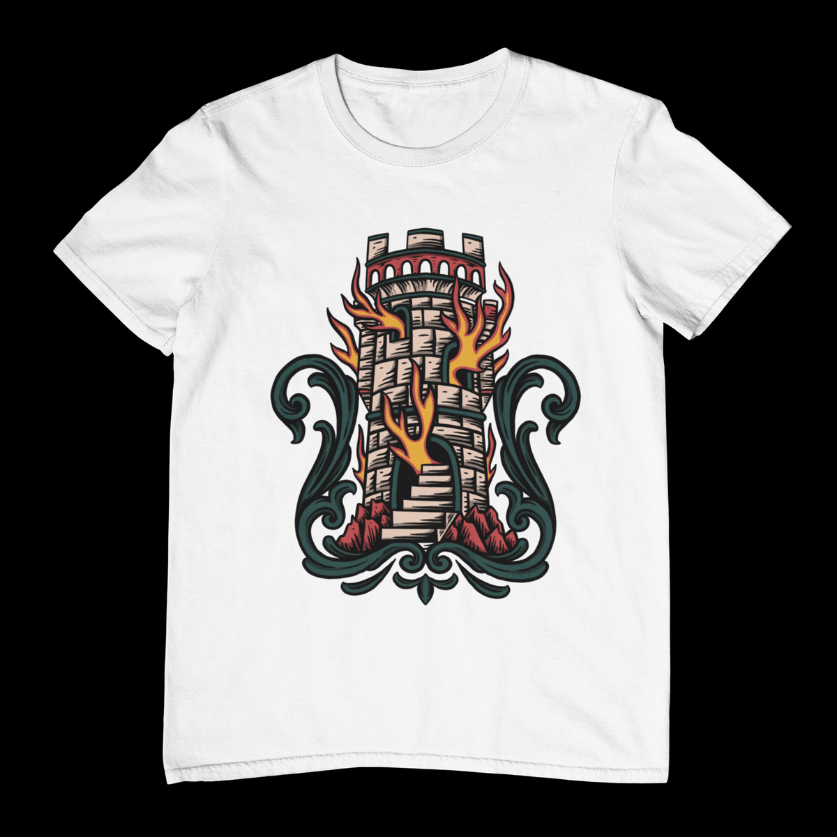 THE BURNING TOWER – Traditional Tattoo-Style Unisex T-Shirt