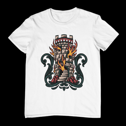 THE BURNING TOWER – Traditional Tattoo-Style Unisex T-Shirt