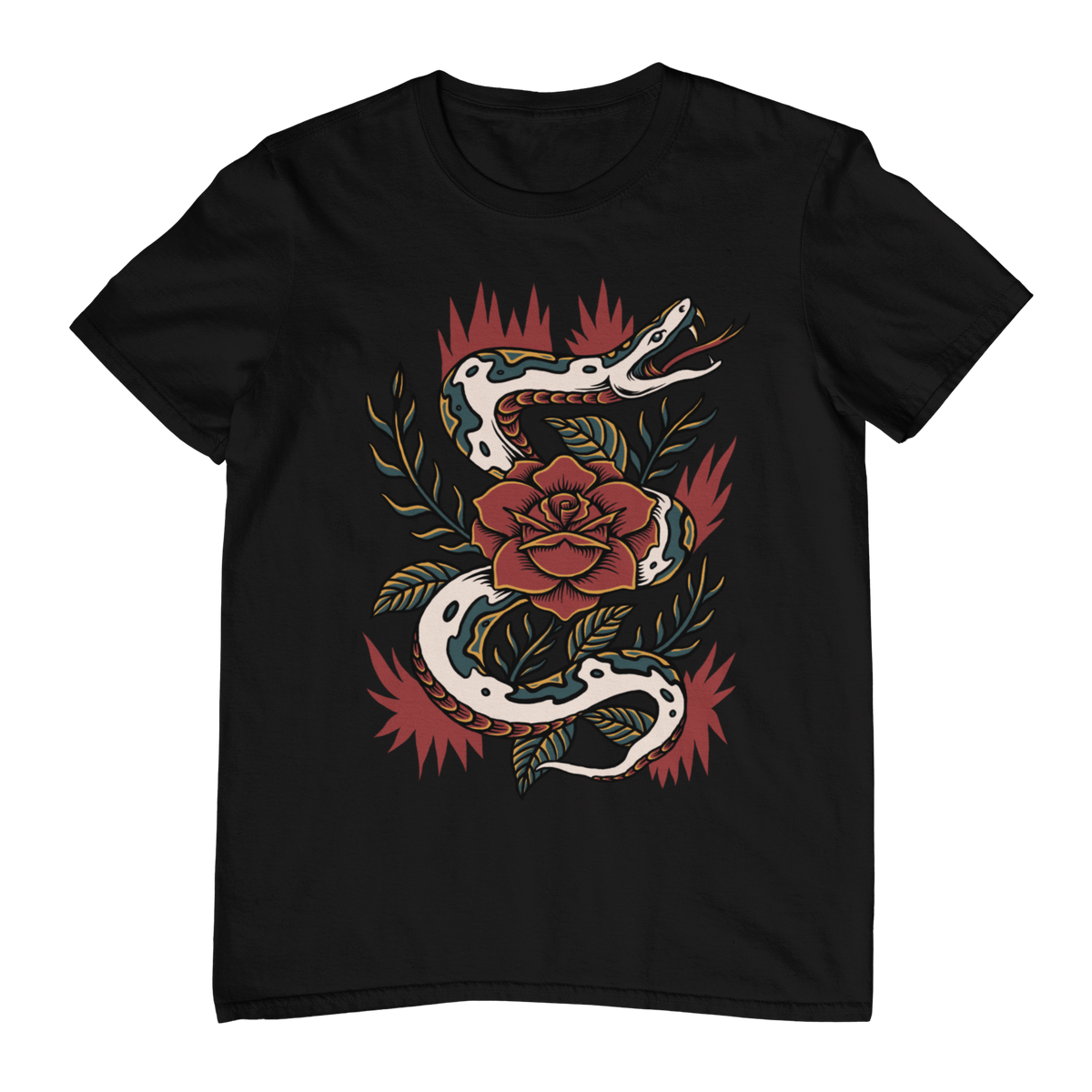 SNAKE & ROSE – Traditional Tattoo-Style Unisex T-Shirt (Black)