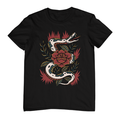 SNAKE & ROSE – Traditional Tattoo-Style Unisex T-Shirt (Black)