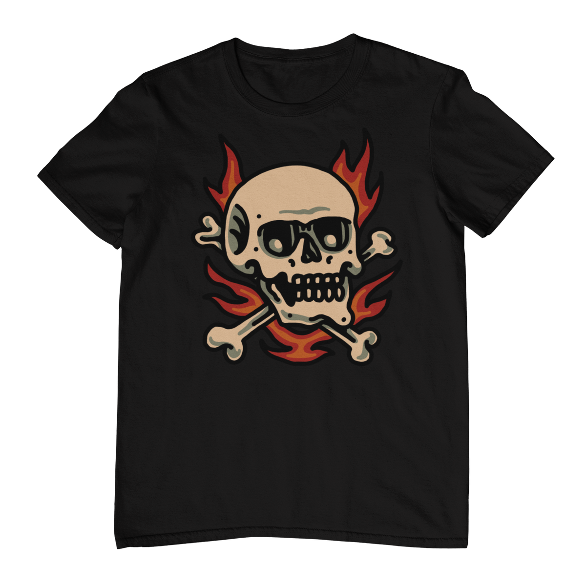 FLAMING SKULL & CROSSBONES – Traditional Tattoo-Style Unisex T-Shirt (Black)