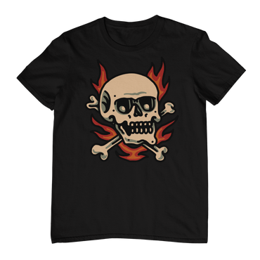 FLAMING SKULL & CROSSBONES – Traditional Tattoo-Style Unisex T-Shirt (Black)