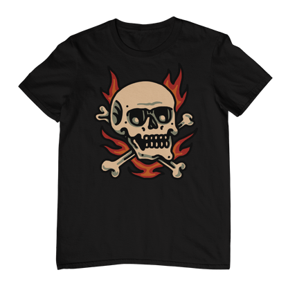 FLAMING SKULL & CROSSBONES – Traditional Tattoo-Style Unisex T-Shirt (Black)
