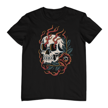 BURNING BLOOM SKULL – Traditional Tattoo-Style Unisex T-Shirt (Black)