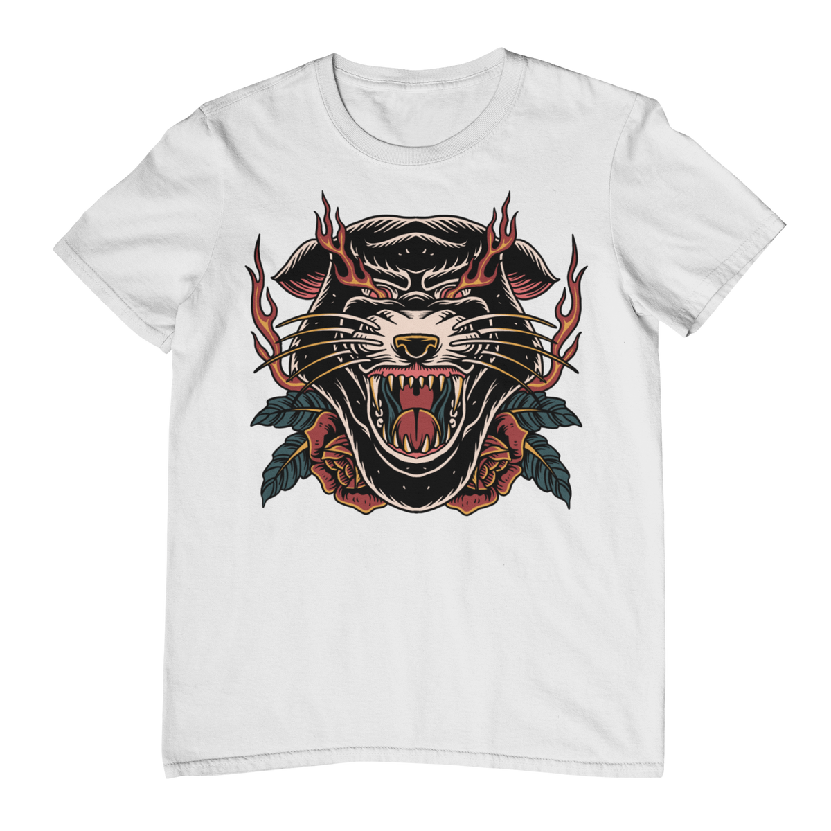 INFERNO PANTHER HEAD – Traditional Tattoo-Style Unisex T-Shirt (White)