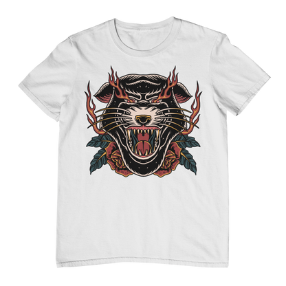 INFERNO PANTHER HEAD – Traditional Tattoo-Style Unisex T-Shirt (White)