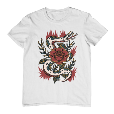 SNAKE & ROSE – Traditional Tattoo-Style Unisex T-Shirt (White)