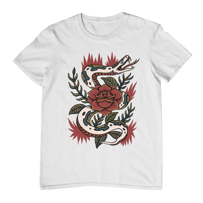 SNAKE & ROSE – Traditional Tattoo-Style Unisex T-Shirt (White)
