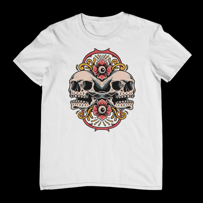 DUALITY TWIN SKULL – Traditional Unisex T-Shirt (White)